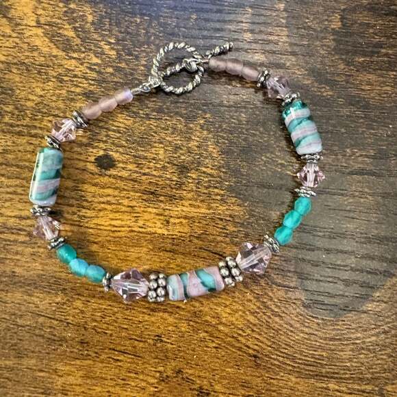 Artisan Lampwork Glass Swarovski Crystal Bracelet Sterling Clasp